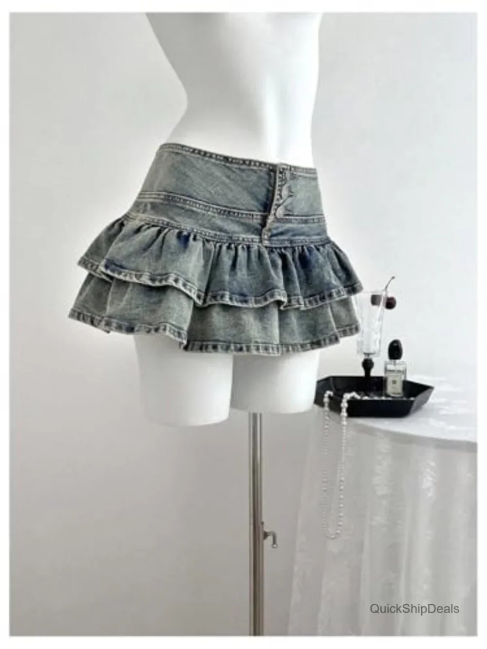 High Waisted Denim Mini Skirt Ruffle Tiered A-Line Y2K Cowgirl